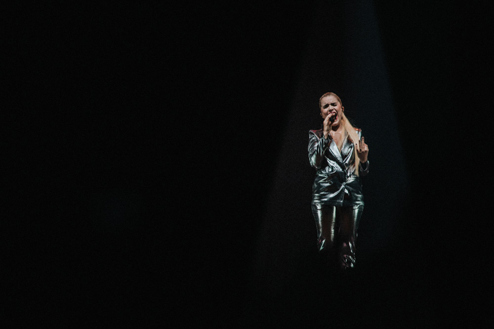 Paloma Faith at Liverpool Echo Arena performing in a silver shiny suit