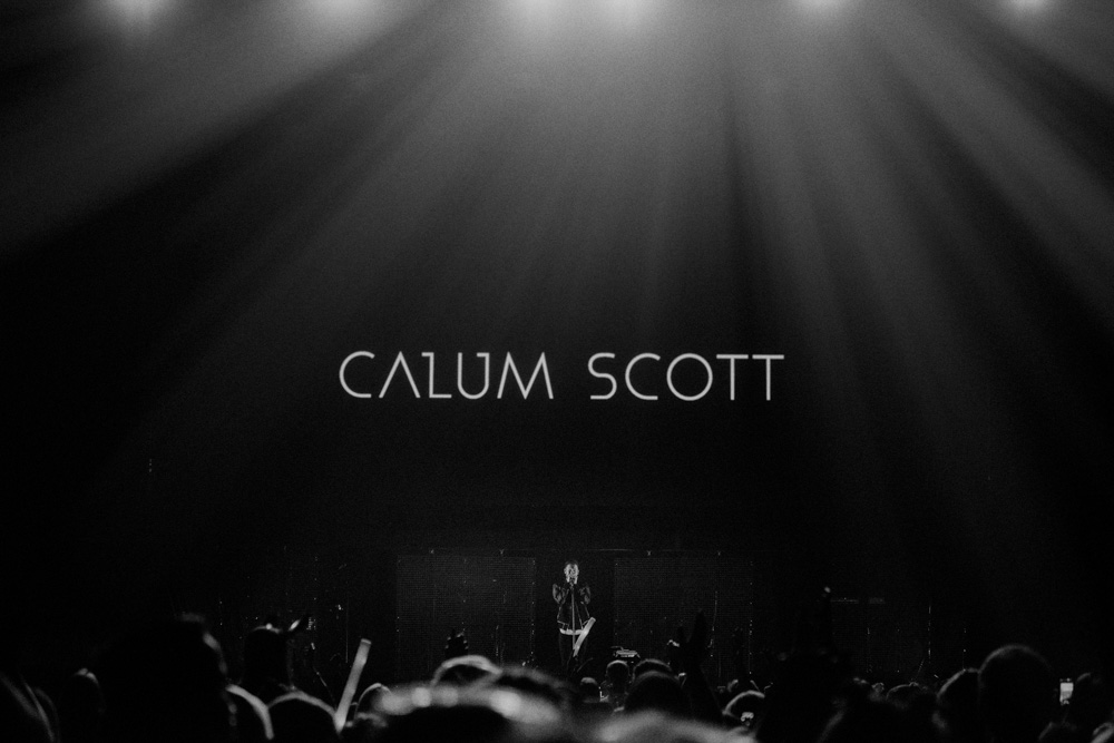 Photo of stage from in the crowd at the Liverpool Echo Arena with Calum Scott performing